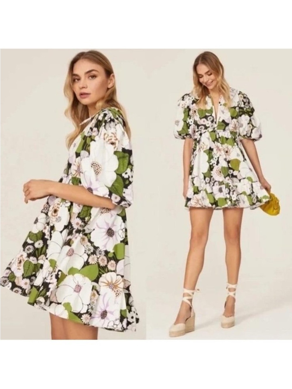 Maje Floral Puff Sleeve Mini Dress White Green EU 36